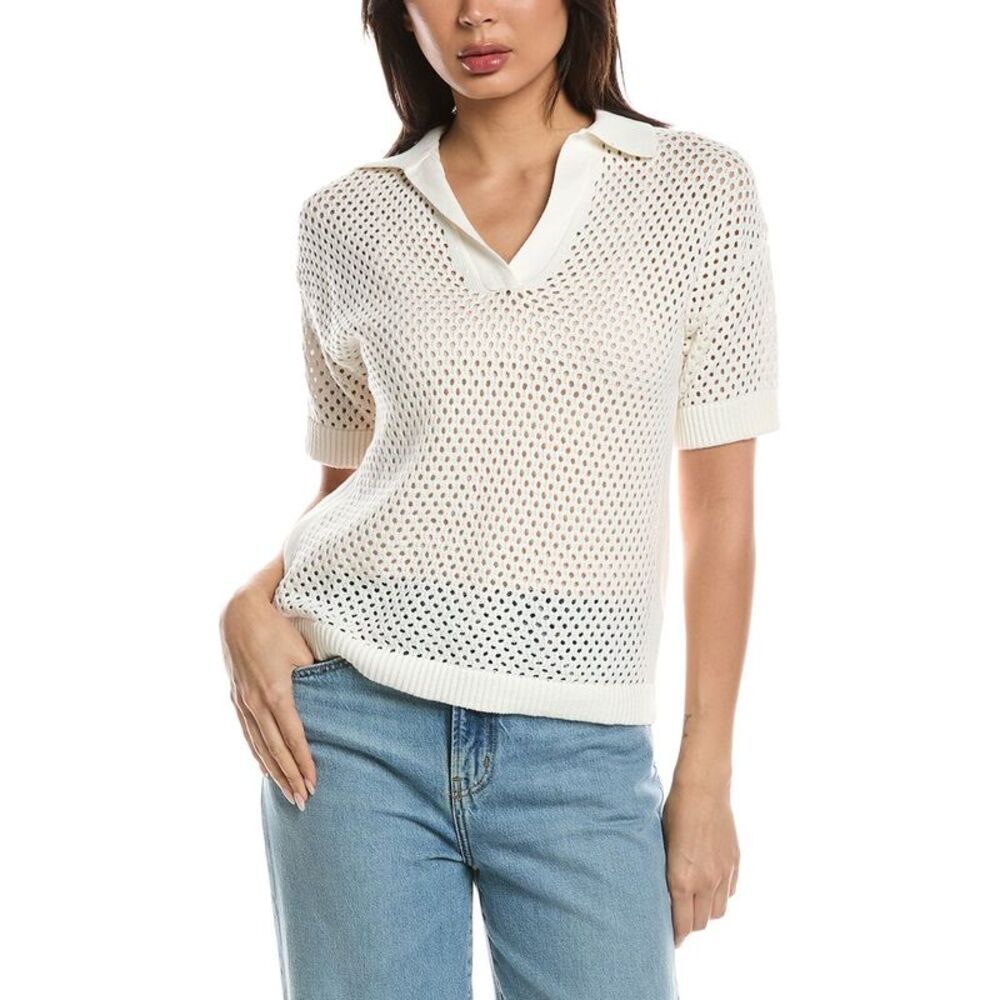 Wispr Womens  Relaxed Pointelle Polo Sweater, White